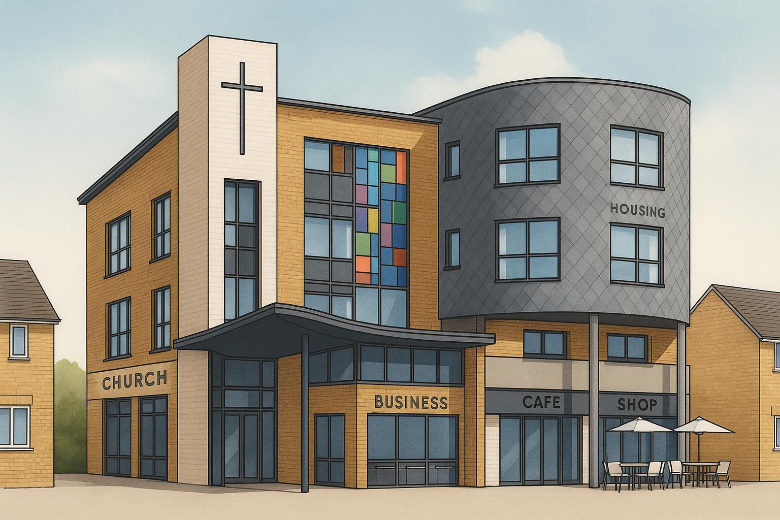 Garston Community Church building vision: worship space, community cafe, housing, and preschool.